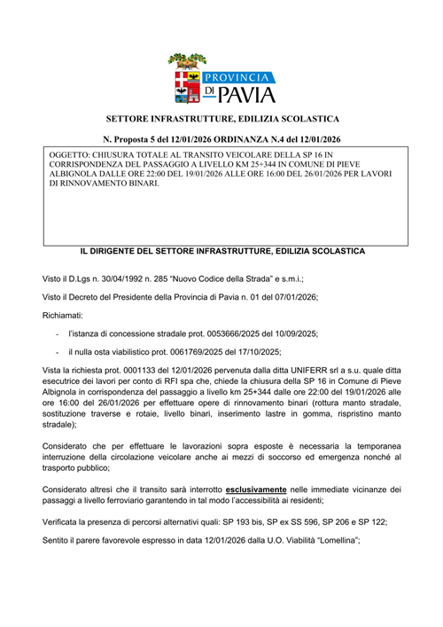 Ordinanza 4 - 2026 Provincia Pavia - Chiusura totale al transito veicolare della Sp 16 in corrispondenza al passaggio a livello Km 25+344