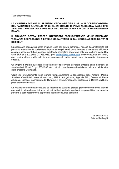 Ordinanza 4 - 2026 Provincia Pavia - Chiusura totale al transito veicolare della Sp 16 in corrispondenza al passaggio a livello Km 25+344