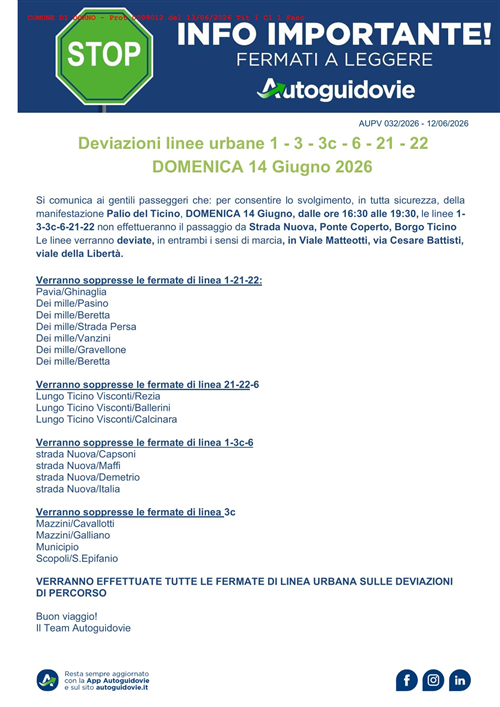Domenica 14 giugno 2026: Deviazione linee urbane 1 - 3 - 3c - 6 - 21 -22