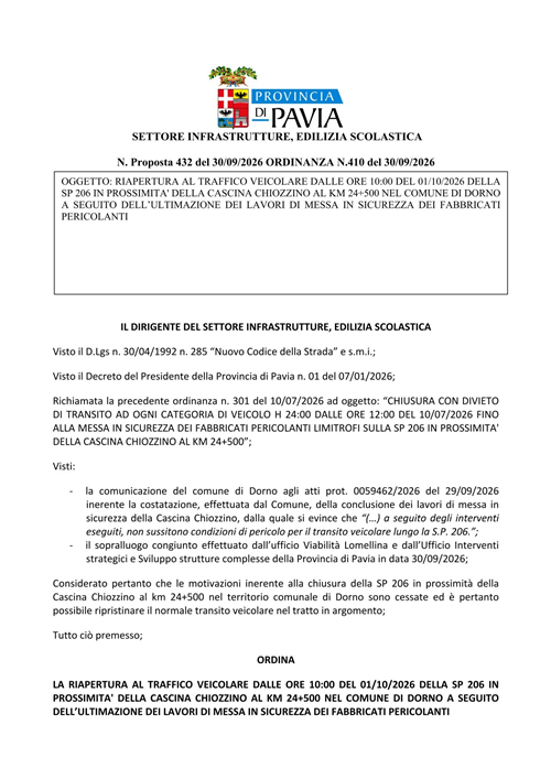Riapertura al traffico veicolare dalle ore 10:00 del 01/10/2026 della SP 206 in prossimita' della cascina Chiozzino nel comune di Dorno