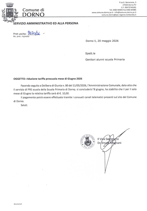 Riduzione tariffa pre-scuola di Giugno 2026