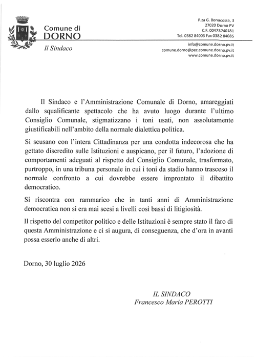 Comunicazione dell'Amministrazione Comunale a seguito del Consiglio Comunale del 29 luglio 2026