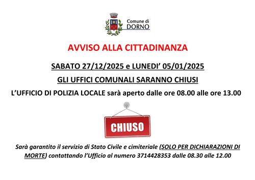 Avviso chiusura uffici comunali sabato 27/12 e lunedì 05/01