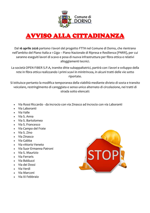 Modifica Viabilità dal 16/04/2026 per scavo e posa di nuova infrastruttura per fibra ottica e relativi alloggiamenti tecnici