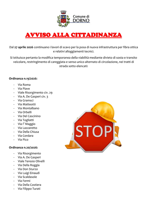 Avviso lavori di scavo e relative modifiche alla viabilità