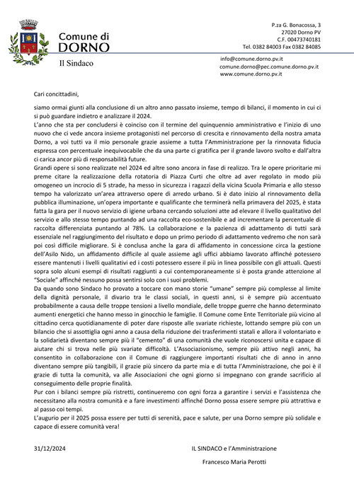 Lettera di Auguri per il Nuovo Anno