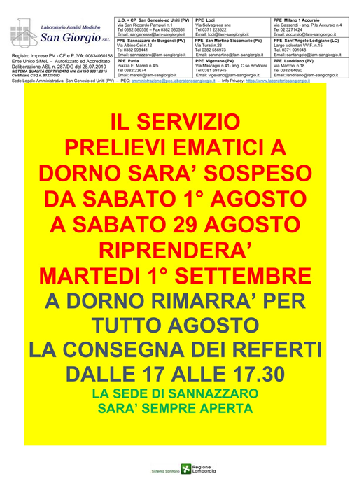 Chiusura Estiva Centro Prelievi