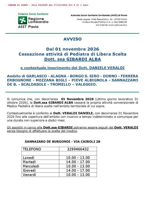 Cessazione attività di Pediatria Dr.ssa Gibardi Alba