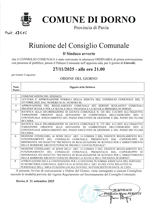 Riunione del consiglio comunale del 27 novembre 2025 ore 21.00
