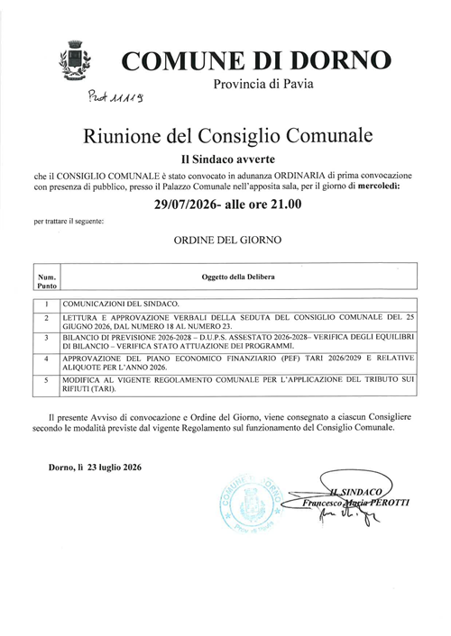Riunione Consiglio Comunale del 23-07-2026 ore 21.00