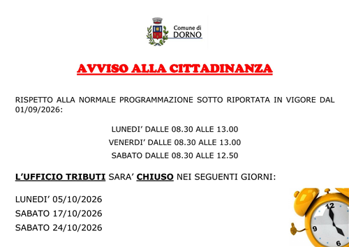 Orari apertura ufficio tributi mese ottobre 2026