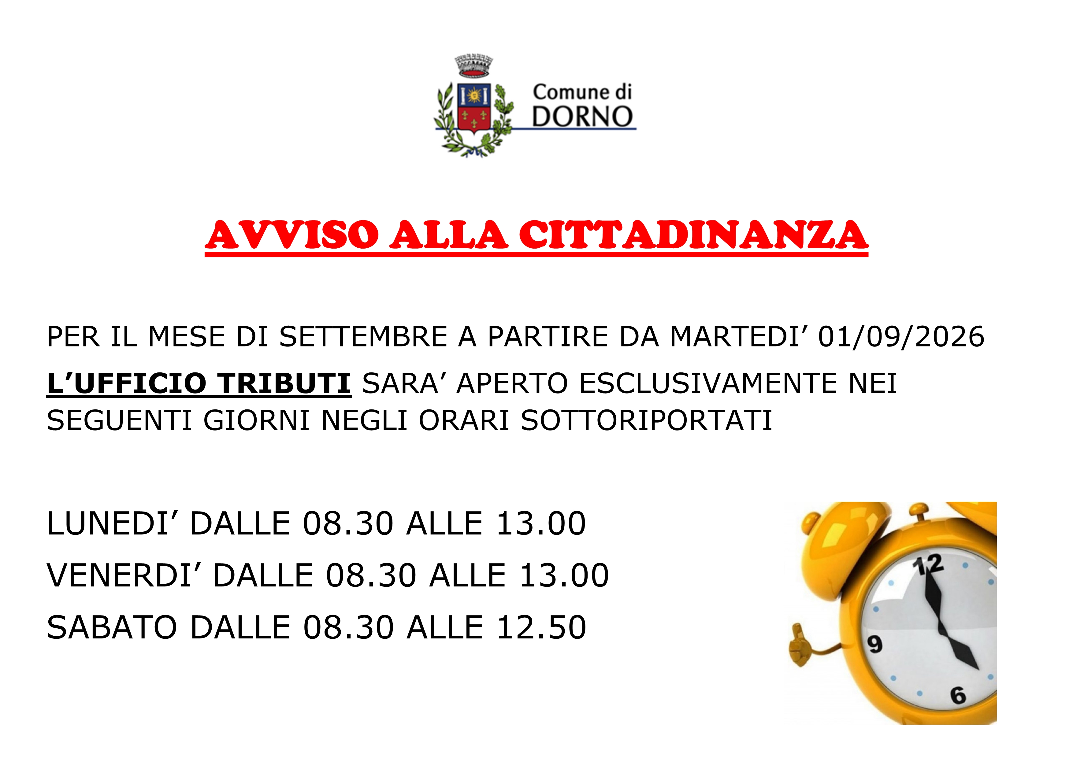 Orario ufficio tributi mese di Settembre