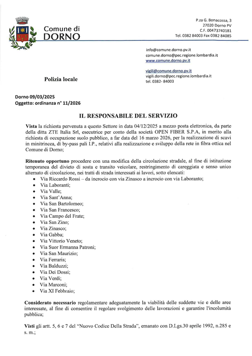 Ordinanza 11-2026 modifica viabilità del 16 marzo per lavori open fiber