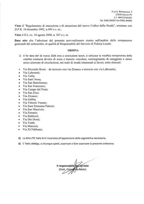 Ordinanza 11-2026 modifica viabilità del 16 marzo per lavori open fiber