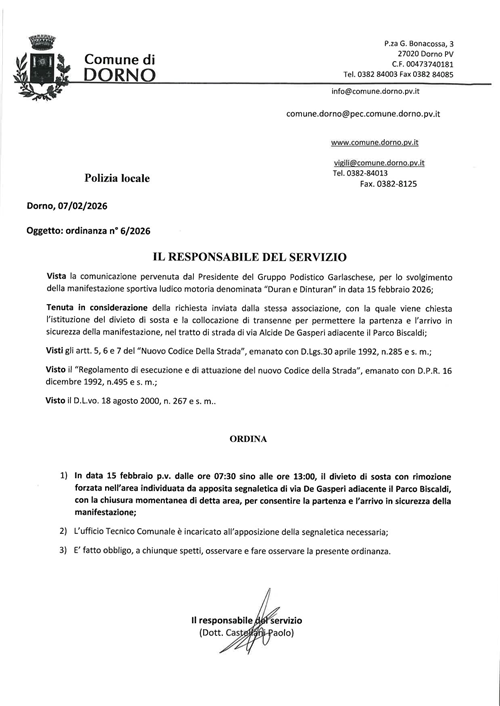 Ordinanza 6 - 2026  Divieto di sosta con rimozione forzata per manifestazione "Duran e Dinturan"