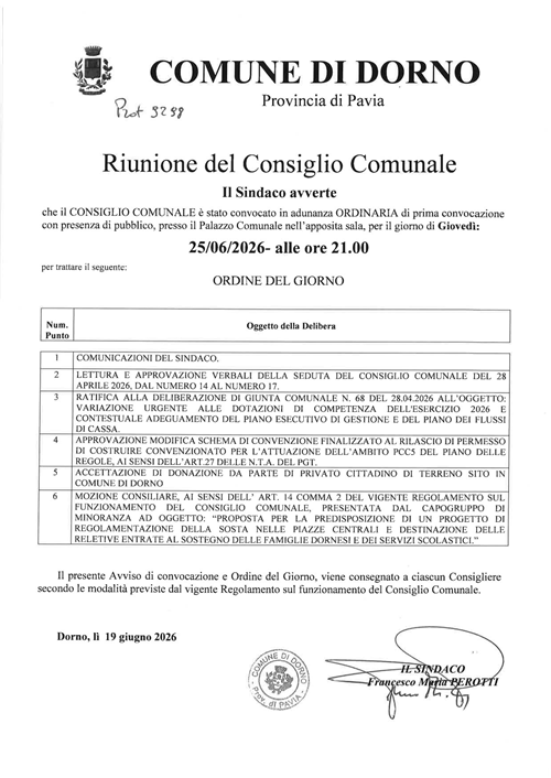 Riunione consiglio comunale del 25 giugno 2026
