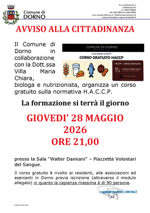 Conferma corso gratuito sulla normativa H.A.C.C.P.
