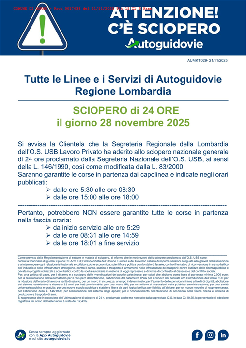 Sciopero di 24 ore il giorno 28 novembre 2025