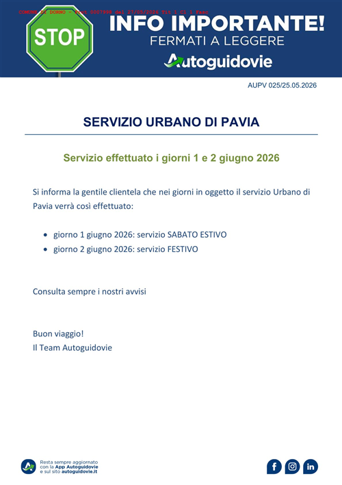 Servizio effettuato i giorni 1 e 2 giugno 2026 - Servizi urbani