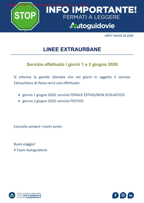 Servizio effettuato i giorni 1 e 2 giugno 2026 - linee extraurbane