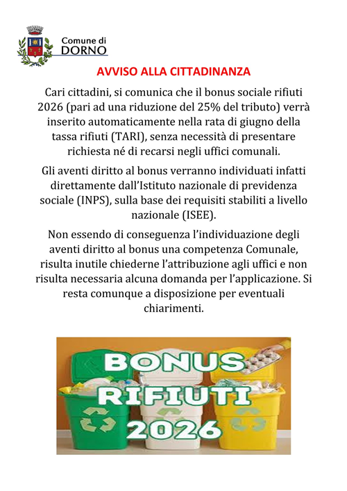 Avviso bonus sociale rifiuti anno 2026