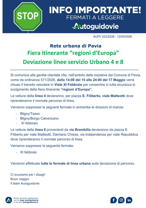 Deviazione linee servizio Urbano 4 e 8